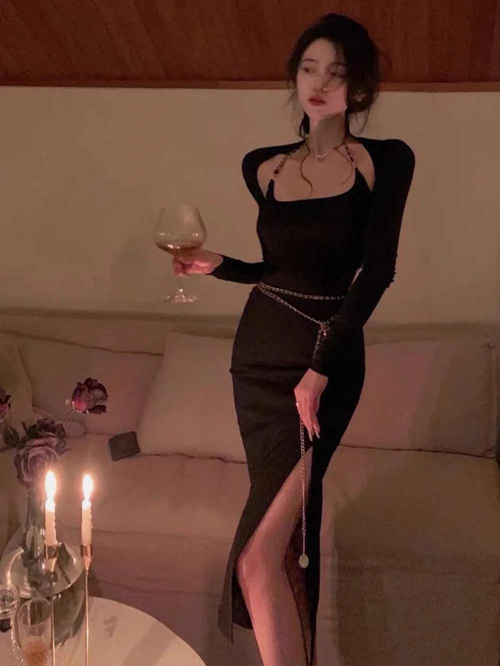 Independent Designer Black Knit 3-Piece Cutout Skirt Set